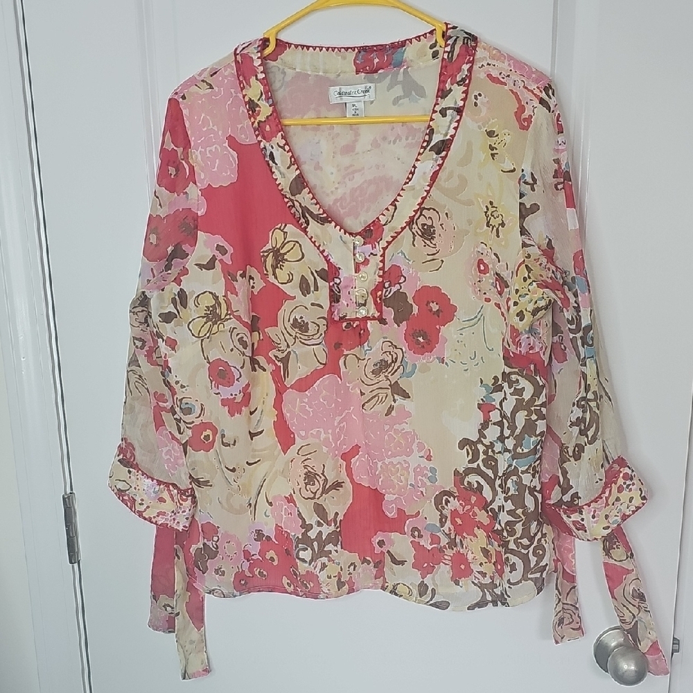 Coldwater Creek Floral V-Neck Blouse - Pink and Cream Size PL
